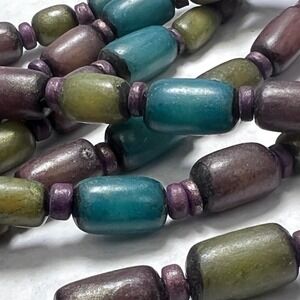 32" Boho Multi Strand Beaded Necklace Wood Brown Green Purple Strand Statement